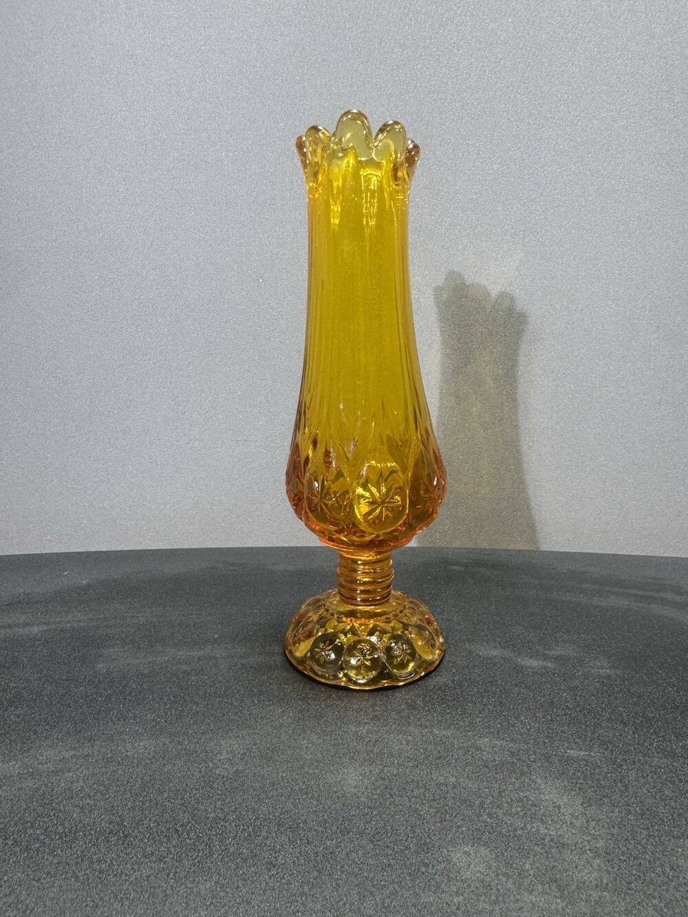 VINTAGE 12.75" TALL AMBER KANAWHA SWUNG GLASS VASE. MOON & STARS VGC